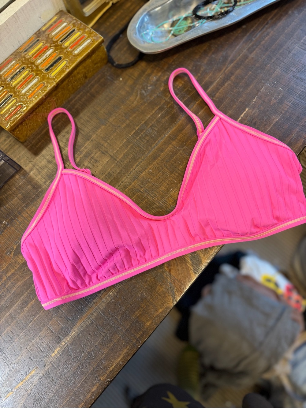 aerie Bright Pink Ribbed Bikini Top with Adjustable Straps